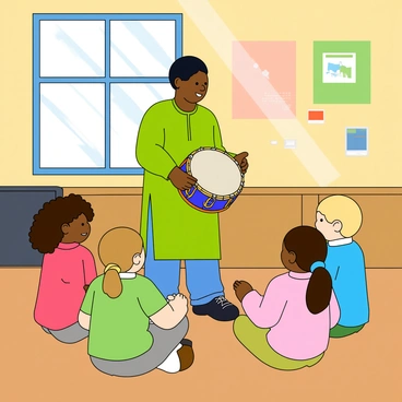 A teacher with medium skin and short black hair is standing in front of a group of four children. The teacher is wearing a bright green kurta and blue jeans. The teacher is holding a dholki, a round drum with a colorful design, showing the children how to play it. The children, diverse in appearance - a girl with curly black hair, a boy with straight brown hair, a girl with blonde hair tied in pigtails, and a boy with light brown hair - are sitting on the floor, eagerly watching and mimicking the teacher's movements. The classroom has colorful posters on the walls and a few musical instruments scattered around. Sunlight is streaming in through the windows, illuminating the scene.