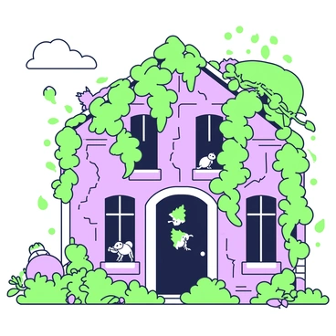 An abandoned building stands in the center of the scene, its walls cracked and covered in creeping vines. Various plants are climbing up the structure, with thick green foliage spilling over the windows and doorways. In the foreground, small animals can be seen; a squirrel is perched on a ledge, while a couple of birds are nested in the overgrown roof. The ground is littered with fallen leaves and scattered patches of grass, indicating that nature is reclaiming the space. Sunlight filters through the canopy of leaves, casting dappled light across the scene, highlighting the textures of the building and the vibrant greens of the plants.