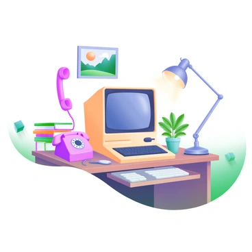 A vintage Apple computer is prominently displayed on a wooden desk. The computer is beige with a classic design, featuring a small monitor and a keyboard. Surrounding the computer are various retro decor items, including a rotary dial phone in pastel colors, a framed picture of a vintage landscape, and an old-fashioned desk lamp. On the desk, there is also a stack of colorful books and a potted plant with vibrant green leaves. The overall atmosphere reflects a nostalgic vibe, with warm lighting illuminating the scene.