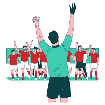 A teal referee with a whistle in his mouth raises his arm high, signaling the end of the game. His uniform is bright and stands out against the field's grass. Surrounding him, players display contrasting emotions; one group of players in white jerseys is celebrating with arms raised and smiles, while another group in red jerseys shows visible disappointment with downcast faces and slumped shoulders. The atmosphere is filled with dynamic energy as the contrast between joy and disappointment unfolds on the field.