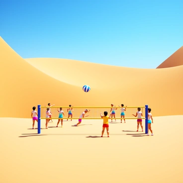 A 3D scene featuring a volleyball game being played on a sandy surface. Two teams of players are engaged in an intense match, with a volleyball soaring over a net. The players are wearing bright athletic clothing, showcasing their movements as they jump and dive for the ball. In the background, there are large sand dunes, creating an expansive desert landscape under a clear blue sky. The sunlight casts sharp shadows on the sand, enhancing the dynamic atmosphere of the game.