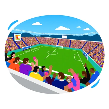 A vibrant sports stadium filled with enthusiastic fans. The stands are packed with people wearing colorful team jerseys and waving flags. Some fans are jumping and clapping their hands, while others are holding up foam fingers. A large scoreboard in the background displays the score of the game. Bright lights illuminate the scene, and the excitement in the air is palpable as fans cheer loudly for their team.