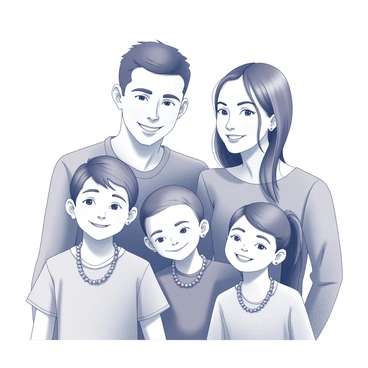 A family stands together for a portrait. The parents and their two children are positioned closely, all smiling broadly. The father has short, neatly combed hair, while the mother has long hair pulled back into a ponytail. Each family member is wearing matching accessories around their necks, showcasing a cohesive style. The children, a boy and a girl, display playful expressions, adding warmth to the scene. The background remains neutral, focusing attention on the family's joyful interaction and their coordinated accessories.