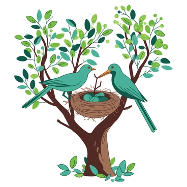 Two teal birds are working together to build a nest in a sturdy tree during springtime. The tree is adorned with fresh green leaves, and vibrant flowers bloom around its branches. One bird is carrying a twig in its beak, while the other bird is arranging the materials inside the nest, which is nestled securely among the branches. Sunlight filters through the foliage, casting soft shadows on the ground below.