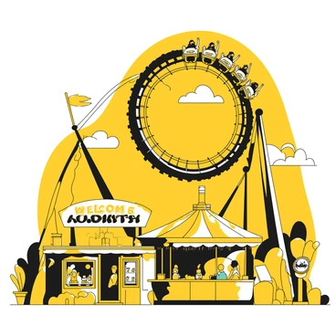 A black and yellow rollercoaster twisting and turning through the air, featuring multiple loops. The cars are filled with excited passengers throwing their hands in the air as they navigate the twists. Below the rollercoaster, colorful game booths and food stalls are visible, bustling with visitors. Bright flags flutter in the wind, and a large, iconic amusement park sign is positioned in the background, welcoming guests. The sky is clear and bright, adding to the lively atmosphere of the amusement park.