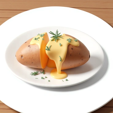 A whole sweet potato, perfectly baked to a golden-brown color, resting on a white ceramic plate. The sweet potato is split open, revealing its soft, orange interior. Melting butter is placed on top, cascading down the sides. Fresh herbs, such as chopped parsley and rosemary, are sprinkled generously over the buttery surface, adding a vibrant green contrast. The plate is set on a rustic wooden table, enhancing the warm and inviting presentation of the dish.