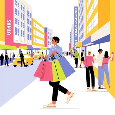 A busy city street scene filled with tall buildings and bustling pedestrians. A person is walking along the sidewalk, carrying several colorful shopping bags in their hands. The bags are in shades of red, green, blue, and yellow, creating a vibrant display. Surrounding the person are other shoppers, some stopping to look at store windows and others chatting. Cars and buses are moving along the road, adding to the lively atmosphere of the city. Brightly colored signs and advertisements are visible on the storefronts.