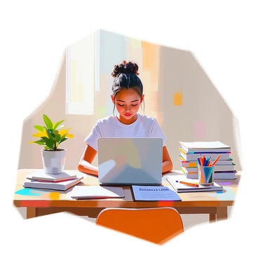 A young student with light skin sits at a wooden desk, focused on a laptop that is open in front of her. She is surrounded by stacked textbooks, some open, with notes scattered around. Her hair is braided, and she wears a casual t-shirt. On the desk, there is also a small potted plant and a cup filled with colored pens. A personal loan document is placed next to her laptop, indicating her commitment to funding her college tuition. The room is softly lit, giving a warm atmosphere to the study space.