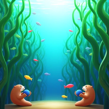 A dense underwater kelp forest with tall, swaying kelp plants in various shades of green. Schools of brightly colored fish swim gracefully between the kelp fronds. Playful sea otters float on their backs, interacting with each other, some holding sea urchins in their paws. Sunlight filters down from the surface, creating dappled patterns on the ocean floor.