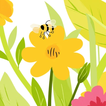 A yellow bee with black stripes is hovering above a bright yellow mustard flower in a lush green garden. The flower has delicate petals that are slightly open, showcasing its vibrant interior. Small green leaves surround the flower, adding depth to the scene. The bee is gently landing on one of the flower's petals, with visible pollen grains clinging to its legs. In the background, hints of other colorful flowers and greenery can be seen, providing a lively garden atmosphere.