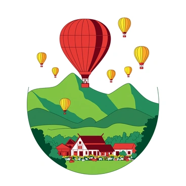 A red hot air balloon with a striped pattern is soaring high above a green mountain landscape. Surrounding the red balloon, several yellow hot air balloons of various sizes are floating gracefully in the sky. Below, the lush greenery of the Chiang Mai landscape is dotted with colorful traditional Thai houses and a vibrant flower garden. The scene is filled with a sense of celebration as more balloons ascend in the background, creating a lively atmosphere.