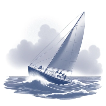 A yacht is depicted battling through rough ocean waters. The vessel is tilted at an angle, with waves crashing against its sides, showcasing the force of the storm. Rain is falling heavily, creating a misty atmosphere around the yacht. The sails are furled tightly, and the deck is bustling with crew members working diligently to maintain control of the ship. Dark clouds loom overhead, emphasizing the intensity of the stormy scene. The ocean is choppy, with white-capped waves reflecting the turmoil of the moment.