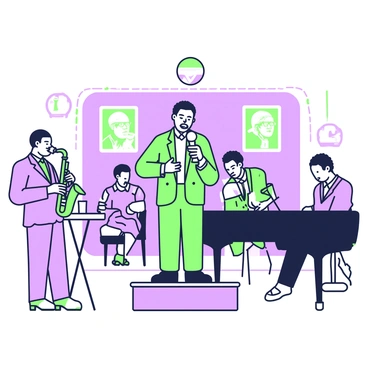 An intimate jazz club with dim lighting and a cozy atmosphere. In the center, Langston Hughes is standing on a small stage, holding a microphone and reciting poetry. He is wearing a tailored suit and has a focused expression as he engages with the audience. Surrounding him, a group of musicians is playing jazz instruments; a saxophonist stands to the left, while a pianist is positioned at a grand piano on the right. The background features tables with patrons seated, sipping drinks and listening intently. The walls are adorned with framed photographs of jazz legends, creating a warm, inviting vibe.