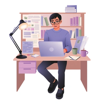 A student is sitting at a desk, focused on a laptop while efficiently navigating through digital resources for a research project. The student is depicted with medium skin, wearing glasses, a blue sweatshirt, and black jeans. On the laptop screen, there are multiple tabs open, showing articles and graphs related to research. The background features a bookshelf filled with books and notebooks, adding to the scholarly atmosphere. A desk lamp provides warm light, illuminating the workspace. Nearby, there are stationery items such as a notebook, colored pens, and a coffee cup. The student has a determined expression, reflecting concentration and engagement.