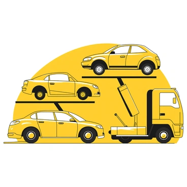 A large truck designed to transport vehicles, featuring multiple levels for loading. The truck is positioned with its hydraulics activated, elevating two cars to different heights. One car, a compact model, is being raised on the left side, while a larger SUV is elevated on the right side. The truck's ramp is lowered to facilitate the loading process, and the hydraulic system is visible, demonstrating the mechanics of the lifting process. The truck's body is streamlined, emphasizing its purpose as a car carrier, with the vehicle compartment clearly defined.