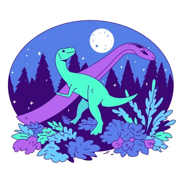 Two dinosaurs are engaged in a courtship dance under a bright moon in a prehistoric setting. The first dinosaur, a teal velociraptor, is gracefully positioned with its arms spread wide, showcasing vibrant plumage. The second dinosaur, a large purple diplodocus, bends its long neck in an elegant arc, responding to the movements of the velociraptor. Surrounding them is lush vegetation, with tall ferns and vibrant flowers creating a rich environment. The moonlight casts soft shadows, enhancing the scene's magical atmosphere as stars twinkle in the night sky.