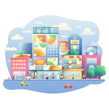 A vibrant cityscape is filled with diverse buildings showcasing unique architectural designs. In the foreground, there is a colorful building facade adorned with intricate patterns featuring geometric shapes in shades of blue, yellow, and orange. The building is several stories tall, with large windows reflecting the sunlight. Surrounding buildings have varying heights and are painted in complementary colors, creating a lively urban atmosphere. The streets below are bustling with tiny figures walking and small vehicles driving, adding to the dynamic feel of the scene. A clear blue sky serves as the backdrop to this animated cityscape.