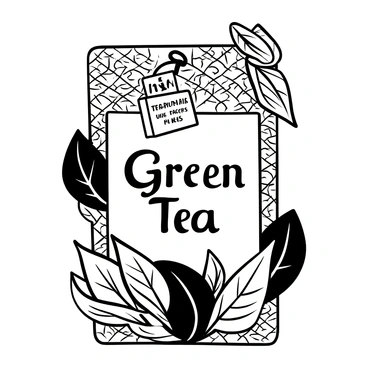 Creative packaging design for a green tea bag featuring vibrant colors and illustrations of tea leaves.