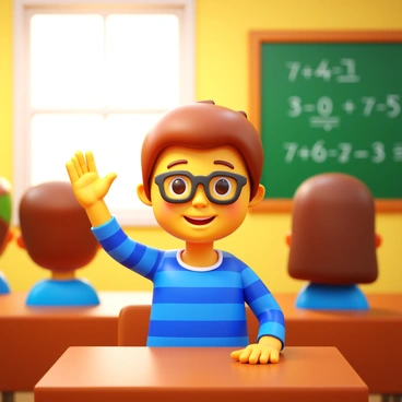A confident student raising their hand in class, ready to answer a question
