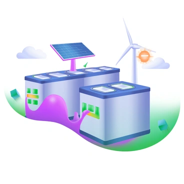 A clean, organized array of large batteries with a sleek design, positioned neatly in rows. Each battery has a metallic finish and LED indicators displaying their charge status, reflecting various colors. Surrounding the batteries are elements representing energy efficiency, such as a solar panel and a wind turbine icon, placed strategically to emphasize the connection to the microgrid. The overall environment is well-lit, conveying a sense of modern technology and sustainability.
