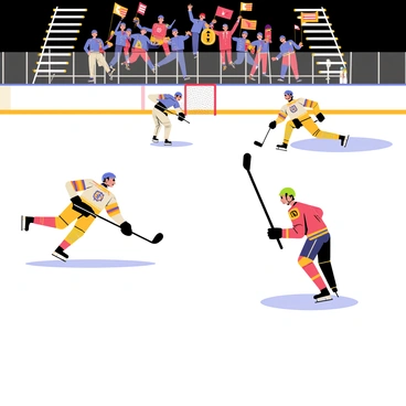 An intense ice hockey game featuring players dressed in colorful protective gear, including helmets, shoulder pads, and shin guards. Several athletes are captured mid-action, skating swiftly across the ice rink, their focused expressions visible. A black puck is seen soaring through the air towards the goal, while one player is poised with a stick raised high. The ice surface reflects the bright arena lights, and the stands are filled with cheering fans in the background, waving flags and banners.