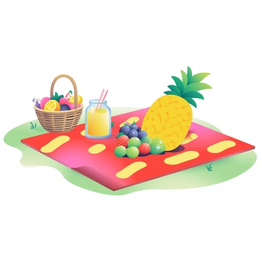 A picnic scene features a vividly colored blanket spread out on a grassy area. The blanket is adorned with bright red and yellow patterns. An array of fresh fruits is placed on the blanket, including a large yellow pineapple, ripe red strawberries, and an assortment of green grapes. Next to the fruits, there is a glass jar filled with lemonade, condensation forming on the outside. A woven basket is positioned at one corner of the blanket, partially filled with more fresh fruits and snacks. Sunlight casts soft shadows across the scene, enhancing the vibrant colors of the blanket and fruits.