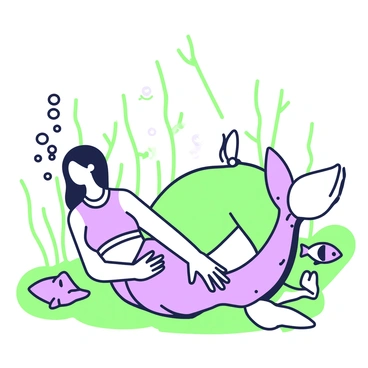 A mermaid with long flowing hair is practicing the cat-cow stretch underwater. Her shimmering tail is gracefully extended behind her. Seaweed sways gently around her, creating a natural frame. Bubbles rise from her mouth as she inhales deeply, arching her back in the cat position. In the cow position, her tail curves smoothly. Schools of colorful fish swim nearby, adding life to the scene. Soft rays of light filter through the water above, illuminating her movements.