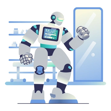 A sleek, silver futuristic robot with articulated limbs is performing concentration curls in a well-lit gym setting. The robot's design features glowing blue accents along its arms and joints, highlighting its mechanical structure. It is focused, with a digital display on its chest showing animated data readouts of its performance metrics. One arm is raised, holding a metallic weight, while the other arm is resting on a support surface, showcasing the perfect form of the exercise. In the background, there are various fitness equipment and a large mirror reflecting the robot's movements.