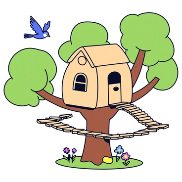 A whimsical treehouse built from light brown wood, featuring a rounded shape with multiple small windows and a slanted roof. The treehouse is perched among the lush green leaves of tall trees, with a thick trunk visible at the base. Connecting the treehouse to other platforms in the surrounding trees are two rope bridges, each composed of thick ropes and wooden planks. The scene is brightened by colorful flowers growing in patches nearby and vibrant birds flying in the blue sky above.