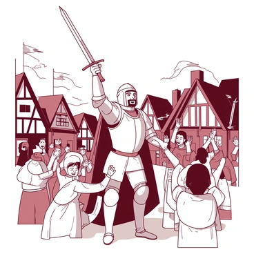 A medieval knight in shining armor is raising his sword high in triumph. The sword glimmers in the sunlight, and the knight's expression shows joy and pride. Surrounding the knight, a group of villagers are cheering enthusiastically, their faces filled with excitement. Some villagers are clapping, while others are waving their hands in the air. The scene is set in a quaint village square with rustic wooden cottages in the background. A few colorful banners can be seen fluttering in the breeze, adding to the festive atmosphere.