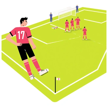 A player wearing a bright red soccer jersey and black shorts stands at the corner of the field, his brow furrowed in concentration. He has short dark hair and is preparing to take a corner kick. His stance is wide, with one foot placed next to the corner flag and the other foot raised. In the background, several teammates in matching red jerseys are positioned in the penalty box, ready to make a move. The grass on the field is vibrant green, and a few spectators can be seen in the stands, creating an atmosphere of anticipation. The player's expression shows focus and determination.