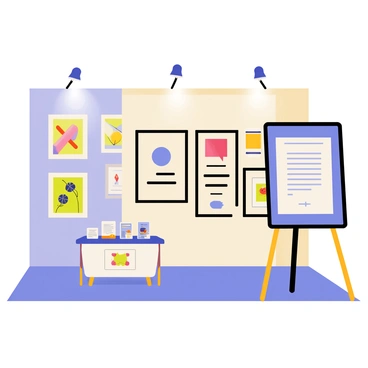 An art exhibition booth showcasing digital illustration certificates alongside framed artworks.