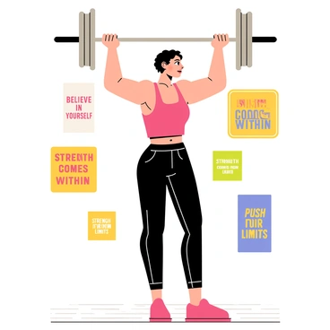 A strong woman with muscular arms is lifting a shiny silver barbell overhead with both hands. She has short, dark hair and is wearing a bright red tank top and black leggings. Her expression is focused and determined. Surrounding her are various motivational posters on the walls, displaying phrases like "Believe in Yourself," "Strength Comes From Within," and "Push Your Limits." The posters are in bold colors and dynamic fonts, adding energy to the scene. The floor beneath her is a textured gym floor, enhancing the workout atmosphere.