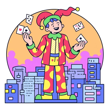 A joker character with a colorful costume of red, green, and yellow patterns stands atop a vibrant cityscape. The joker has a playful expression, featuring exaggerated facial features and a classic jester hat with bells. In the joker's hands, several playing cards are being juggled in mid-air. The cityscape below is filled with tall, modern buildings, each adorned with bright lights and signs, creating a lively atmosphere. The sky above is a gradient of orange and purple hues, indicating a sunset.
