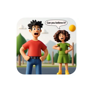 A comic strip panel featuring two animated characters in a humorous exchange. One character is a tall, lanky man with messy black hair, wearing a bright red t-shirt and blue jeans. He is making a surprised face, eyes wide and mouth open in shock. The other character is a short woman with curly brown hair, wearing a green dress and yellow sneakers, who is laughing with a hand on her hip, her eyes squinting with joy. The background includes a colorful setting, with a few trees and a sunny sky, adding to the lively atmosphere. The words "Can you believe it?" appear in a speech bubble above the man's head, while the woman's laughter is represented with "Ha Ha!" in a fun, bold font.