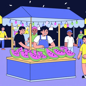 A market stall is set up at night, illuminated by a string of colorful lights. The stall is filled with fresh watermelon slices displayed neatly on a wooden table. Each slice has a vibrant pink interior and a smooth green rind. A vendor stands behind the stall, smiling as they prepare the watermelon slices for customers. People can be seen in the background, browsing other stalls and enjoying the lively atmosphere of the night market.