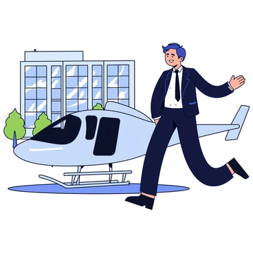 A business executive wearing a tailored dark suit and polished black shoes is stepping out of a sleek, silver private helicopter. The helicopter has a shiny finish and is parked on a helipad. In the background, there is a modern office building with glass windows reflecting the surrounding cityscape. The building has a rectangular shape with a slight curvature at the edges, and there are green trees lining the pathway leading to the entrance.