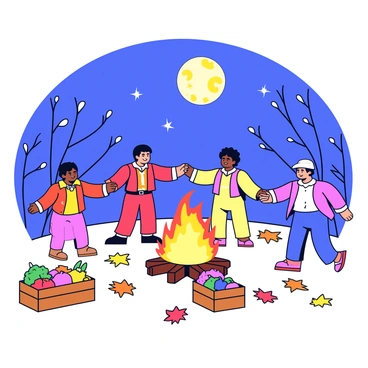 A rustic harvest festival scene is depicted with several villagers in traditional attire engaged in dancing. The villagers are holding hands and forming a circle around a large bonfire that emits bright orange flames and crackles softly. A full moon illuminates the scene, casting a gentle glow over the gathered participants. The ground is covered with fallen autumn leaves, and nearby, there are wooden crates filled with assorted harvest produce. In the background, silhouettes of trees frame the scene under the starry night sky.