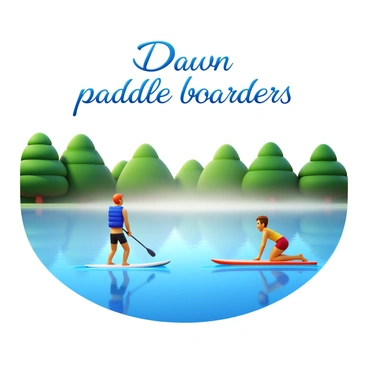 A calm lake reflecting the soft light of dawn. Two paddle boarders glide smoothly across the water's surface. The first paddle boarder is wearing a blue life jacket and is standing upright, using a paddle to propel themselves forward. The second paddle boarder is kneeling, maneuvering their board with a spirited expression. Mist rises gently from the lake, creating a sense of tranquility. Lush green trees line the shore, their silhouettes softened by the morning light. "Dawn paddle boarders" is written in elegant, flowing script above the scene.
