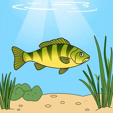 A realistic freshwater perch fish with distinct vertical stripes and a streamlined body is swimming gracefully in a clear blue lake. The fish has vibrant yellow and green coloration, and its fins are spread wide as it glides through the water. Surrounding the perch are various aquatic plants, including slender green reeds and lush water lilies with broad leaves. Sunlight filters through the water, casting gentle ripples and illuminating the scene, creating a tranquil underwater environment. The lakebed is visible, showing soft sand and scattered pebbles below.