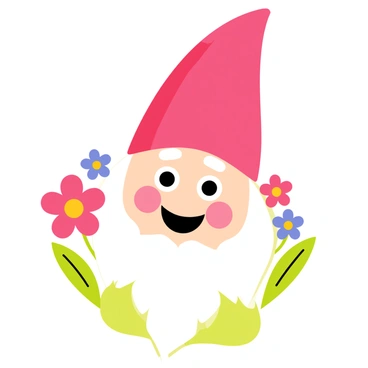 A whimsical garden gnome face with a big smile shining brightly. The gnome has rosy cheeks and a fluffy white beard that contrasts with his vibrant red hat. His eyes are wide and cheerful, radiating joy. Surrounding the gnome's face, there are colorful flowers in shades of pink, yellow, and blue, adding to the playful atmosphere of the garden. Bright green leaves frame the scene, enhancing the gnome's cheerful expression.