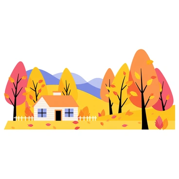 A picturesque autumn landscape featuring a variety of colorful leaves in hues of red, orange, and yellow. In the foreground, there is a quaint cottage with a thatched roof and wooden walls. The cottage is surrounded by trees shedding their leaves, and in the background, rolling hills are visible under a clear blue sky. The ground is covered with a carpet of fallen leaves, adding to the vibrant autumn scenery.