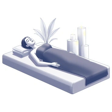 A person lying on a massage table, covered in a thick chocolate body wrap. The individual has closed eyes, a relaxed expression, and is resting peacefully with their arms resting comfortably at their sides. The table is set in a serene spa environment, with soft towels neatly arranged. In the background, there are plants and softly lit candles creating a tranquil atmosphere.