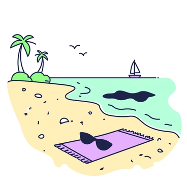 A beach scene with gentle waves lapping against the shore. The sand is fine and golden, dotted with a few small seashells. In the background, there are sparse palm trees gently swaying in the breeze. The water's surface is disrupted by a dark oil spill, contrasting with the clear water around it. Small birds can be seen flying above, and a distant sailboat is present on the horizon. A lone beach towel is spread out on the sand, with a pair of sunglasses resting on top.