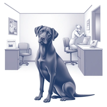 A black dog sitting on the floor of a veterinary office. The dog has a glossy coat and attentive ears perked up, scanning the surroundings. There is a waiting area with a few chairs and a small table displaying magazines. The walls are decorated with pet care posters. A veterinary staff member is visible in the background, tending to another animal. The atmosphere conveys a sense of calm as the dog sits patiently.