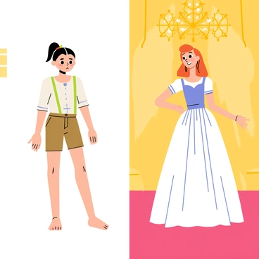 A split illustration featuring "Cendrillon" on the left side in "ragged clothes," with her hair tied back and a sad expression on her face. The background is a simple, rustic setting with a wooden floor and a small window letting in light. On the right side, Cendrillon is depicted in "her ball gown," elegant and flowing, with her hair styled beautifully and a joyful smile. The background shifts to a lavish ballroom with sparkling chandeliers and golden decorations, creating a stark contrast to the left side.