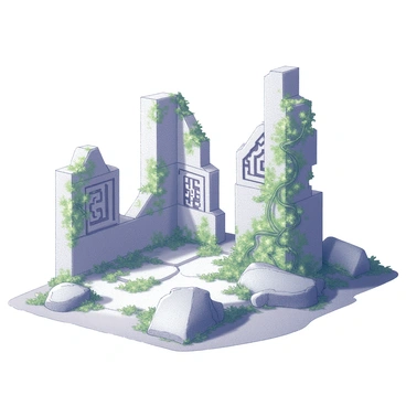 A landscape featuring ancient ruins with crumbling stone structures. The remaining walls showcase intricate carvings that hint at a long-lost civilization. Vines and foliage have taken over parts of the stone, with thick, green tendrils wrapping around the remnants, creating a sense of nature reclaiming the space. The ground is uneven, scattered with fallen stones and fragments of once-grand architecture. Shadows play across the scene, highlighting the textures of the weathered stone and the vibrant greenery.