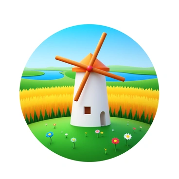 A traditional windmill with a white exterior and wooden blades stands prominently in a lush green delta landscape. The windmill is surrounded by vibrant fields of golden wheat, gently swaying in the breeze. In the background, the delta's winding waterways reflect the clear blue sky, adding an element of tranquility to the scene. Patches of wildflowers in various colors dot the landscape, enhancing the picturesque quality of this rural setting.