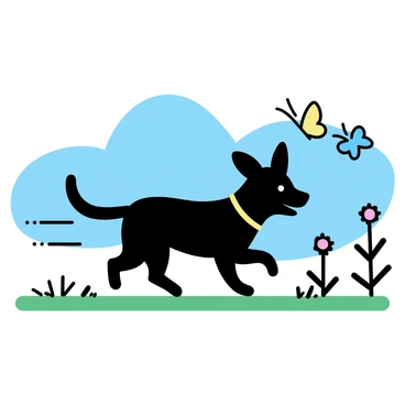 A black dog with a shiny coat, energetically chasing a butterfly. The dog has perked ears and a wagging tail, displaying excitement. The butterfly is colorful, fluttering just above the grass. The park is filled with green grass and a few scattered trees. The sky is clear and blue, indicating a sunny day. A couple of flowers can be seen blooming in the background, adding a touch of color to the scene.