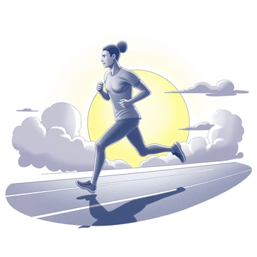 A runner is sprinting on a track. The athlete is wearing a fitted running outfit and has an intense expression of focus. The track is marked with white lane lines that lead into the distance. In the background, a large, vibrant sun is setting, casting a dramatic silhouette of the runner against the light. The sky features various cloud formations that create texture, reflecting the fading daylight.